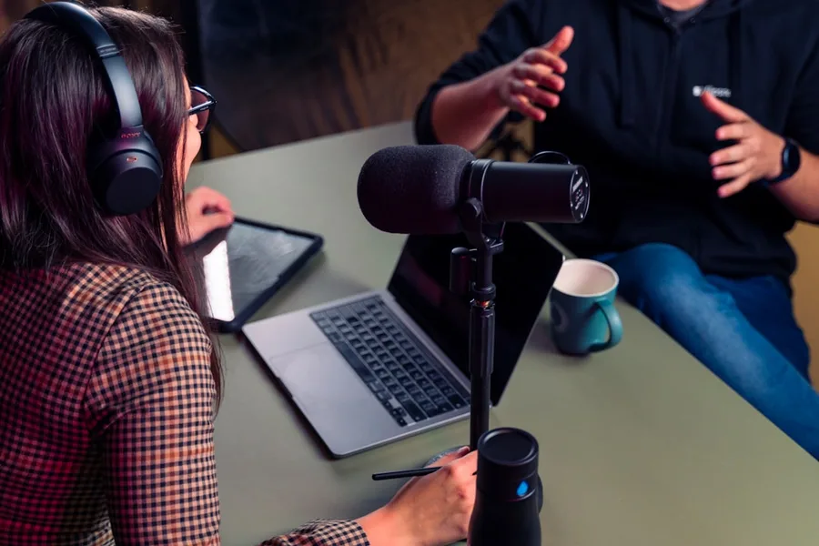 Professional podcast recording studio and microphone setup